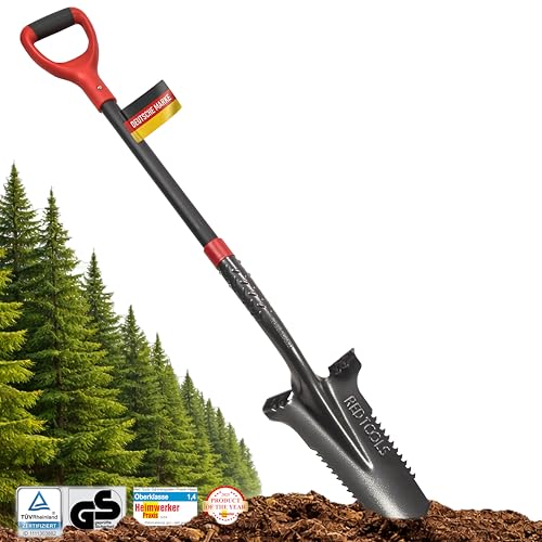 Red Tools Gartenspaten mit Wurzelsäge, 115 cm, 50Mn-Stahl für harte Böden