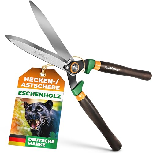 GRÜNTEK Panther Heckenschere manuell, 540 mm, Wellenschliff, Eschenholzgriffe, gelb/grün