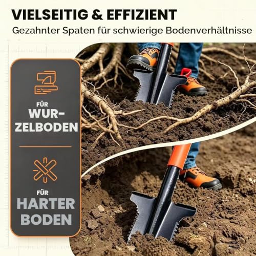 Shengou Spaten Garten mit Wurzelsäge, 115 cm, orange, mit Softtouch-Griff