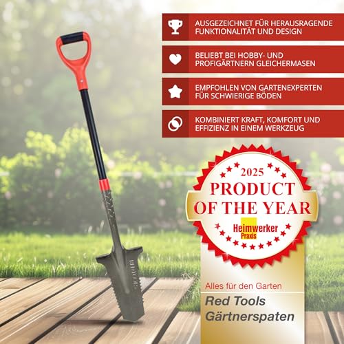 Red Tools Gartenspaten mit Wurzelsäge, 115 cm, 50Mn-Stahl für harte Böden