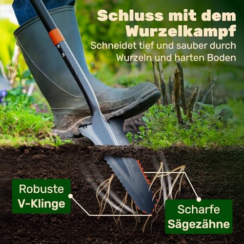 BoomDing Wurzelspaten mit Wurzelsäge, ergonomischem Griff und breiter Trittkante
