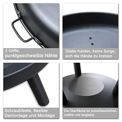 Herrselsam Feuerschale Ø 80 cm, schwarze Stahl-Feuerstelle mit 3 abnehmbaren Füßen