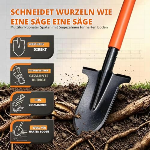 Shengou Spaten Garten mit Wurzelsäge, 115 cm, orange, mit Softtouch-Griff