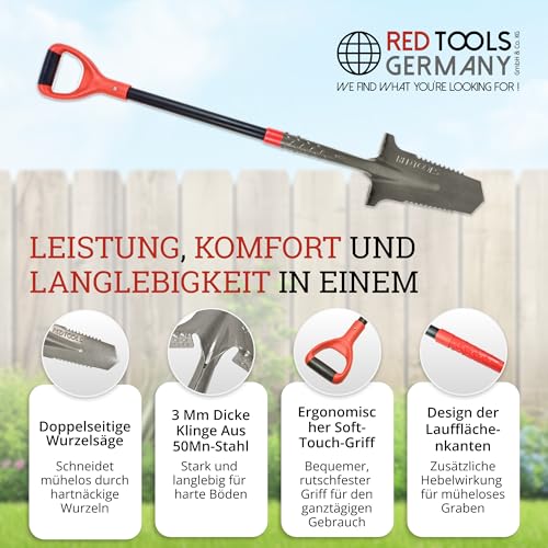 Red Tools Gartenspaten mit Wurzelsäge, 115 cm, 50Mn-Stahl für harte Böden