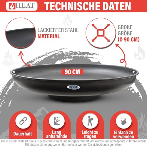 HEAT Outdoor Living Feuerschale rund 90 cm, schwarz, Stahl, für Garten und Terrasse
