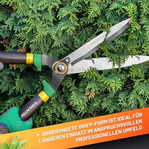 GRÜNTEK Panther Heckenschere manuell, 540 mm, Wellenschliff, Eschenholzgriffe, gelb/grün