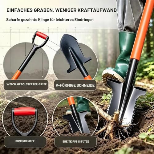 Shengou Spaten Garten mit Wurzelsäge, 115 cm, orange, mit Softtouch-Griff
