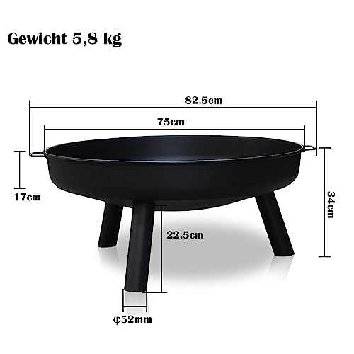 Herrselsam Feuerschale Ø 80 cm, schwarze Stahl-Feuerstelle mit 3 abnehmbaren Füßen