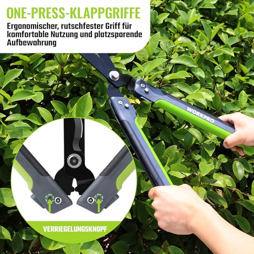WORKPRO Heckenschere 58,5 cm mit 14° Wellenschliff, klappbar, Schwarz Grün