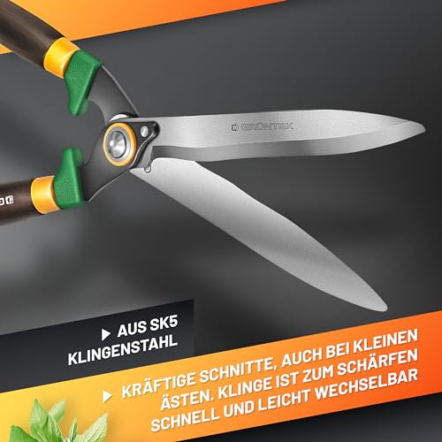 GRÜNTEK Panther Heckenschere manuell, 540 mm, Wellenschliff, Eschenholzgriffe, gelb/grün