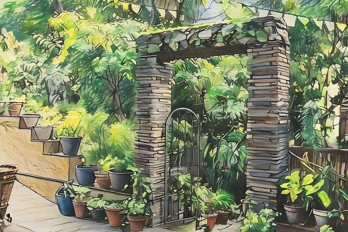 skizze eine Gatens, daruf zu sehen ist ein Durchgang aus Stein gemauert