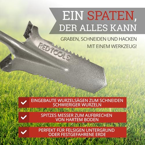 Red Tools Gartenspaten mit Wurzelsäge, 115 cm, 50Mn-Stahl für harte Böden