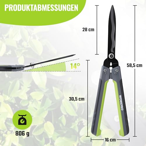 WORKPRO Heckenschere 58,5 cm mit 14° Wellenschliff, klappbar, Schwarz Grün