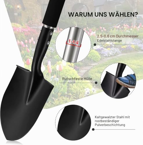 FLY HAWK Gärtnerspaten 78 cm, Spitzspaten aus Stahl mit D-Griff, Schwarz