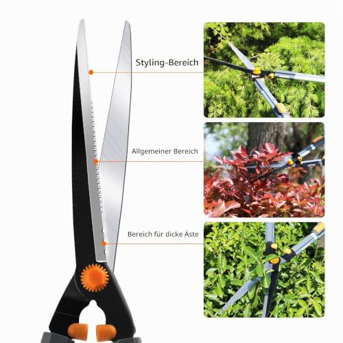 AIRAJ Heckenschere 60 cm mit Gartenschere, gehärtete Stahlklingen, 20° Schnittwinkel