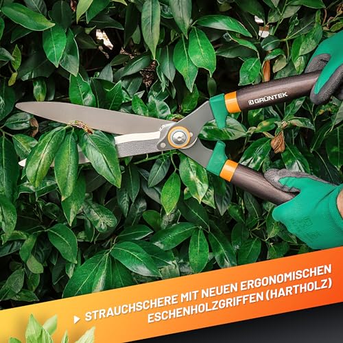 GRÜNTEK Panther Heckenschere manuell, 540 mm, Wellenschliff, Eschenholzgriffe, gelb/grün
