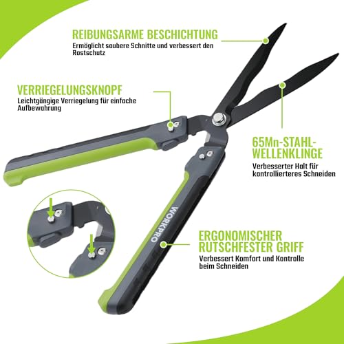 WORKPRO Heckenschere 58,5 cm mit 14° Wellenschliff, klappbar, Schwarz Grün