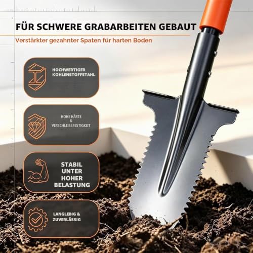 Shengou Spaten Garten mit Wurzelsäge, 115 cm, orange, mit Softtouch-Griff