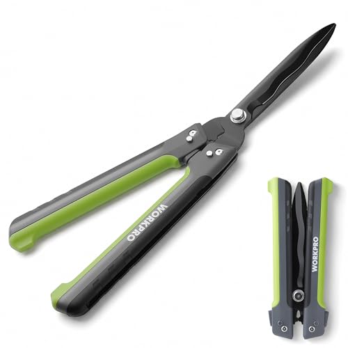 WORKPRO Heckenschere 58,5 cm mit 14° Wellenschliff, klappbar, Schwarz Grün
