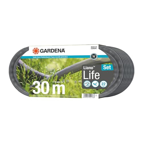 Gardena Liano Life Textilschlauch 1/2 Zoll, 30m Set: Flexibler Gartenschlauch aus Textilgewebe, mit PVC-Innenschlauch, leichtgewichtig und wetterbeständig