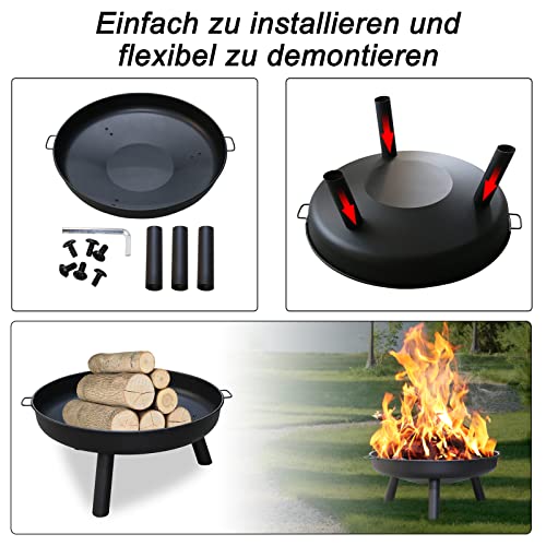 Herrselsam Feuerschale Ø 80 cm, schwarze Stahl-Feuerstelle mit 3 abnehmbaren Füßen